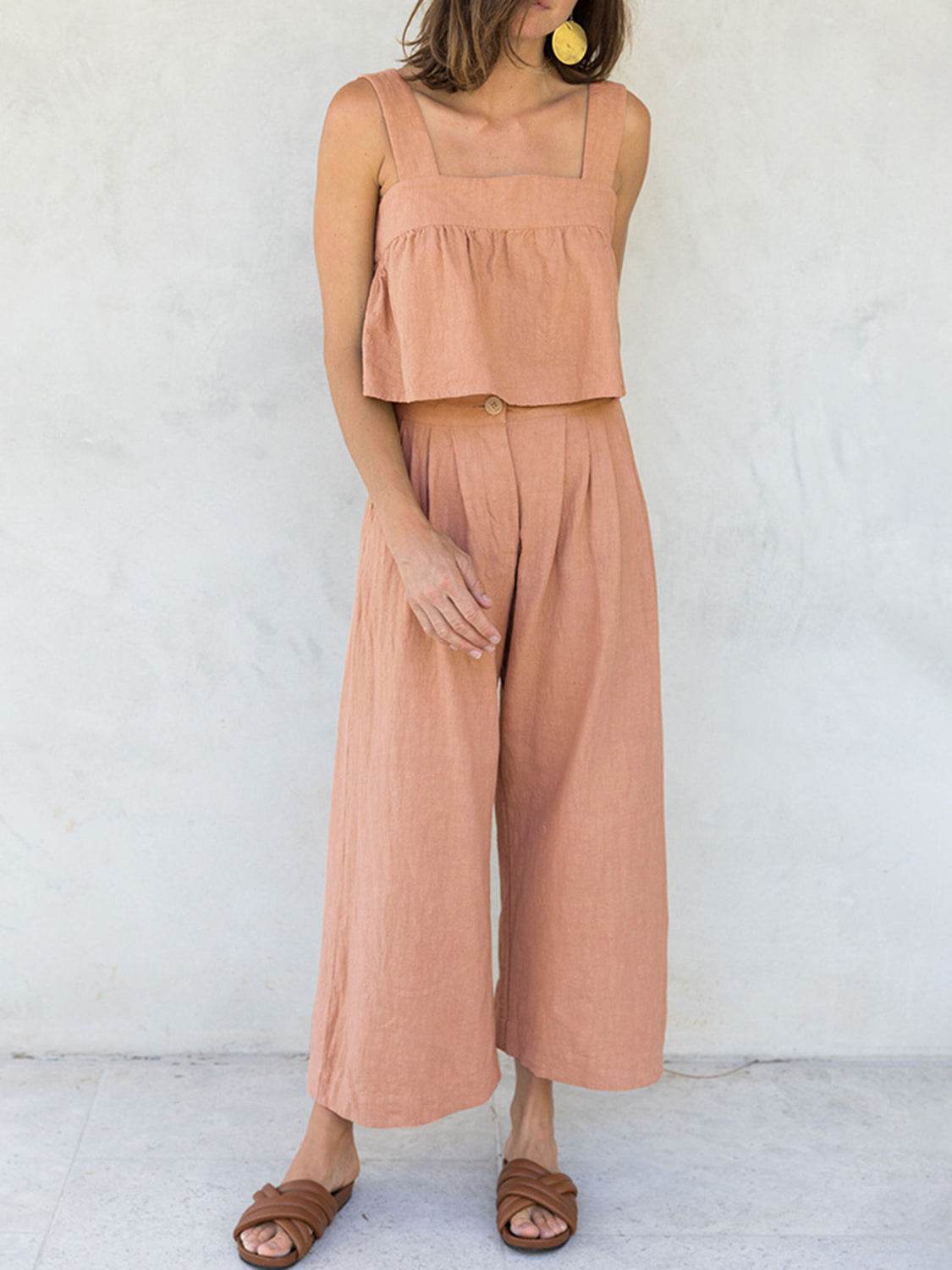 Square Neck Wide Strap Top and Pants Set - MARIGOLD 