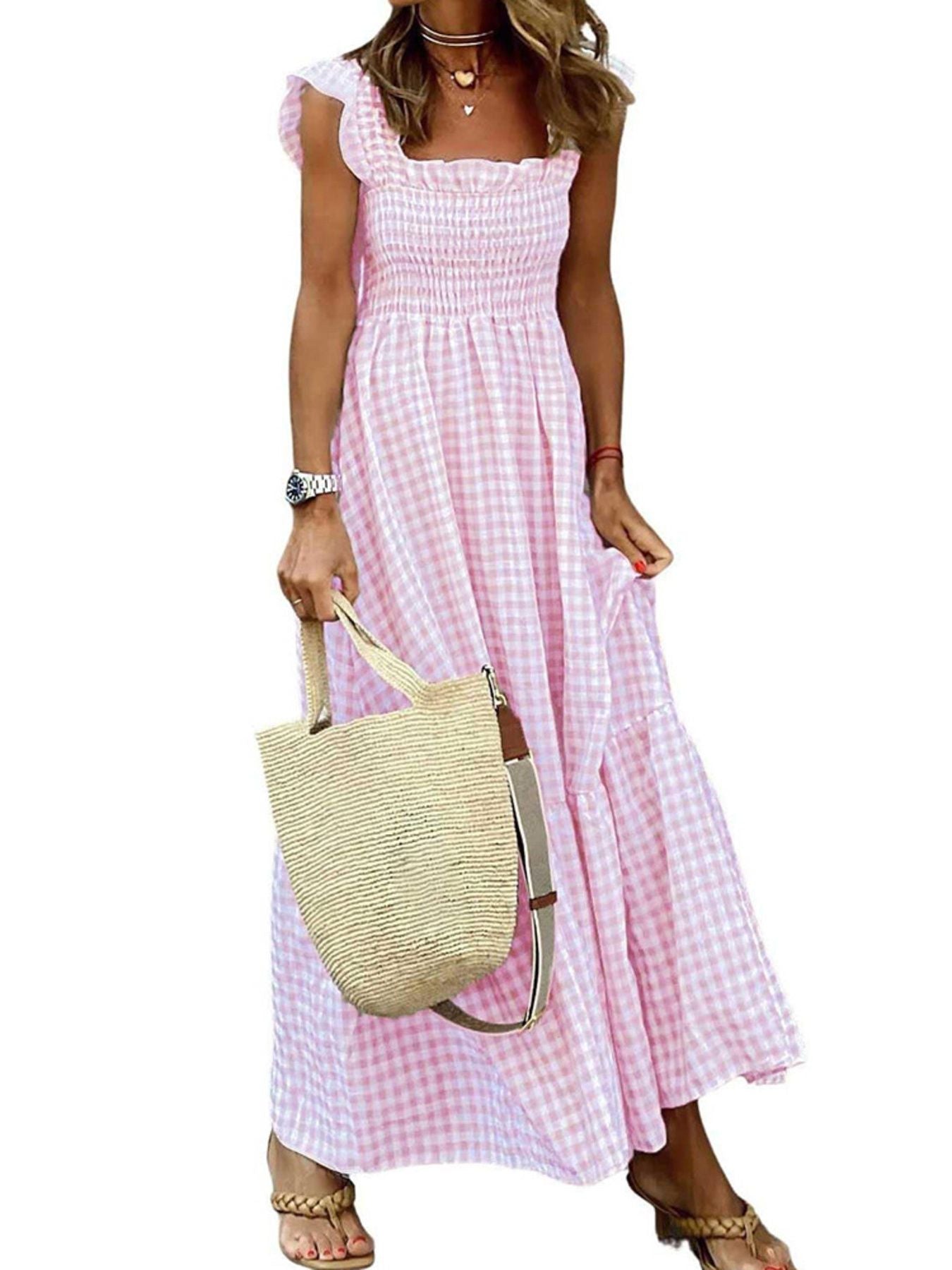 Gingham smocked ruffle sleeve midi dress by Marigold Collections Australia, featuring a flowy silhouette and classic pattern.