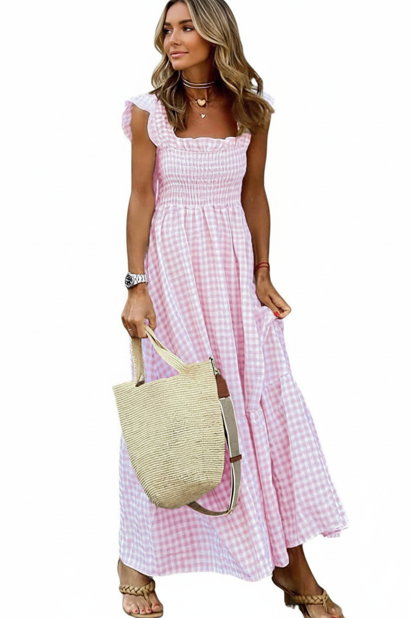 Gingham Smocked Ruffle Sleeve Midi Dress