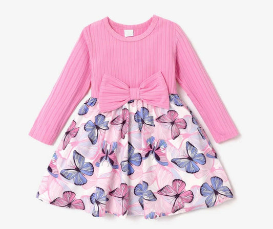 New Girls Dress: Pink Long Sleeve Butterfly Bow Dress