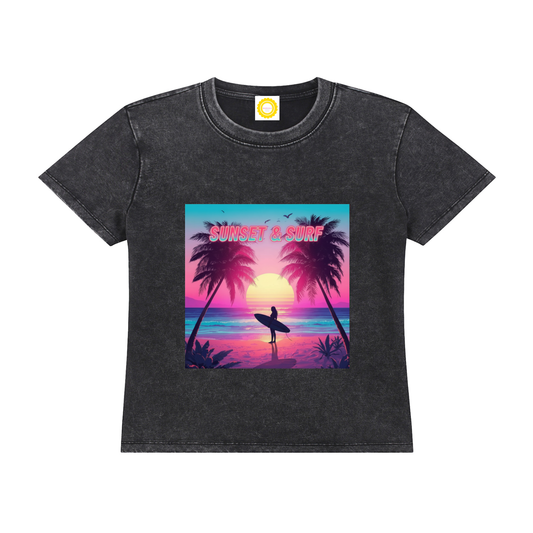 'sunset & surf ' Vintage Wash Drop Shoulder T-shirt Black
