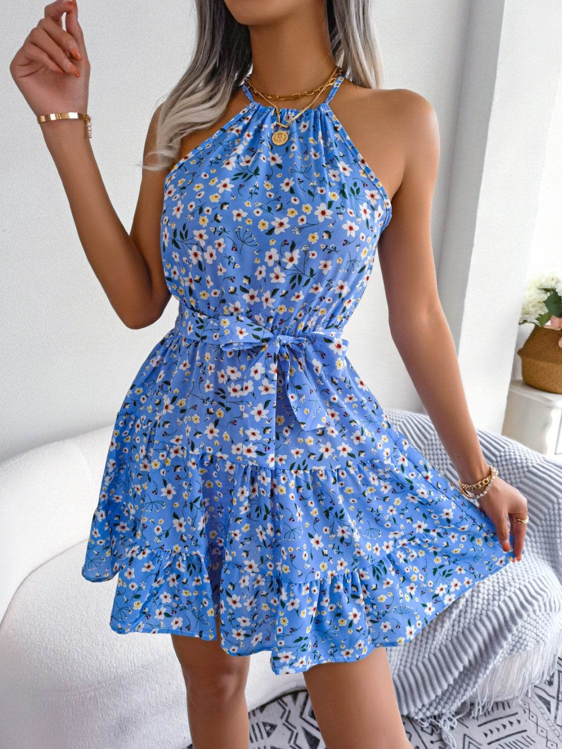 Tied Printed Grecian Neck Mini Dress - MARIGOLD 