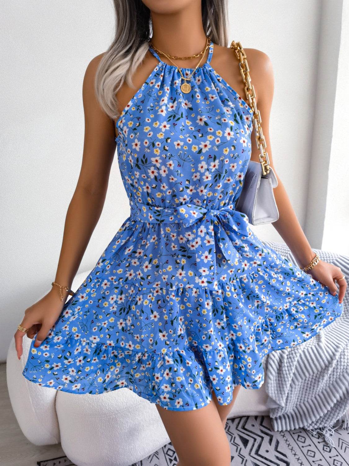 Tied Printed Grecian Neck Mini Dress - MARIGOLD 