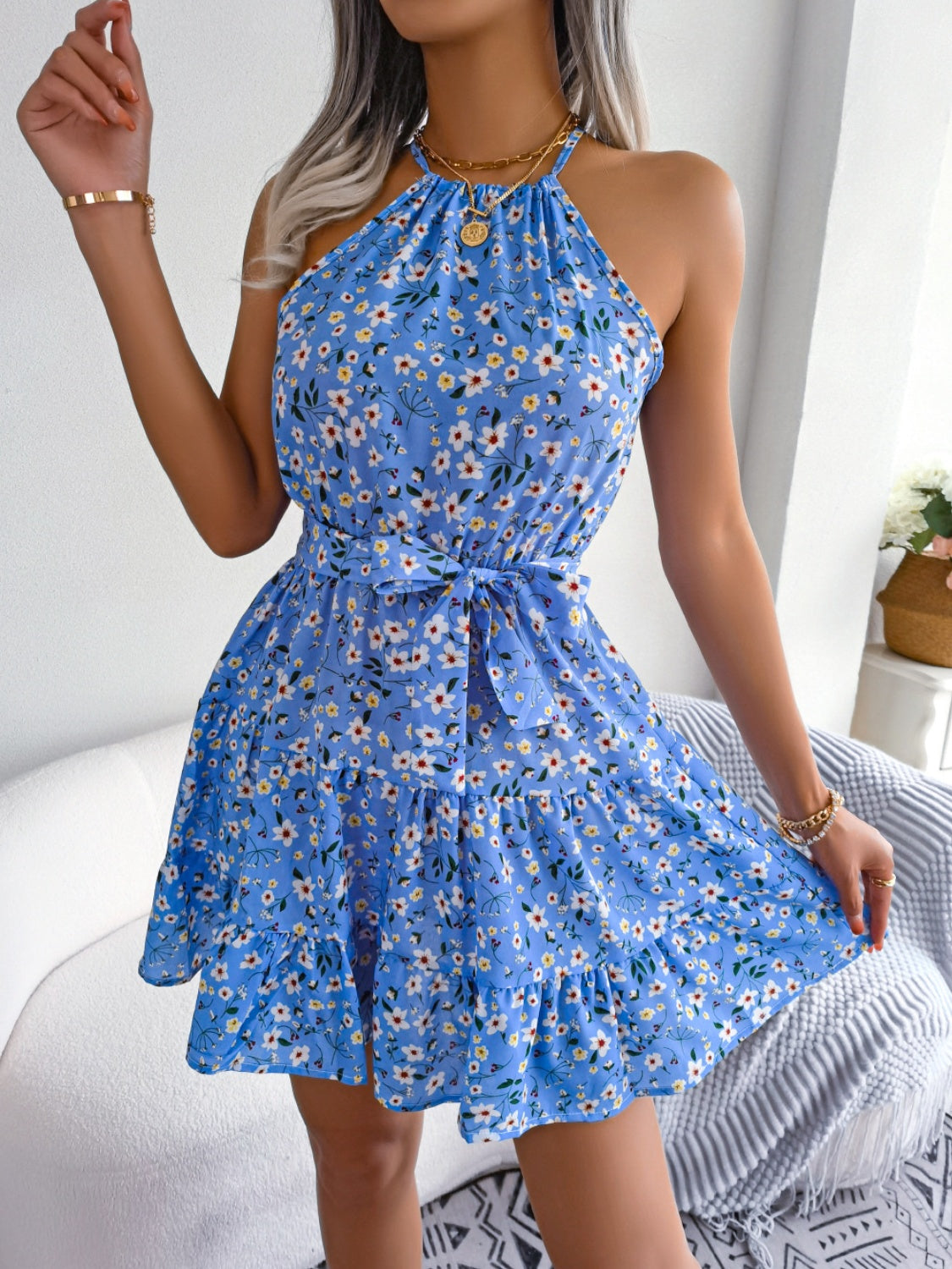Tied Printed Grecian Neck Mini Dress - MARIGOLD 