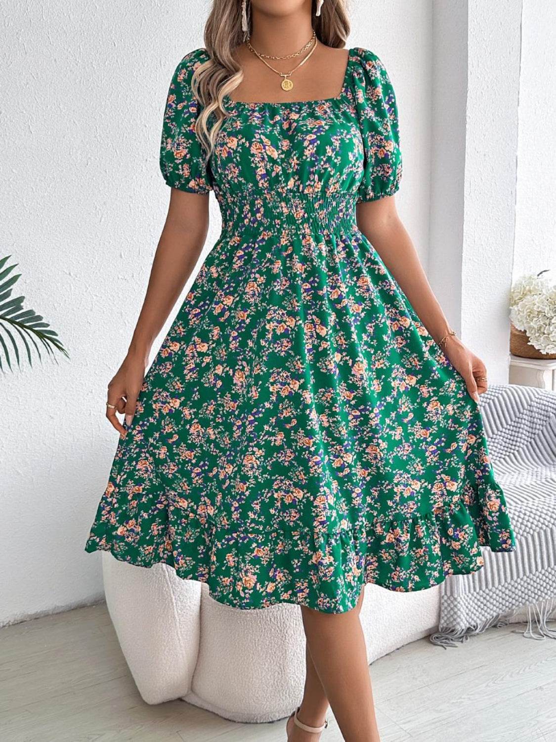 Ruffled Hem Floral Puff Sleeve Dress - MARIGOLD 