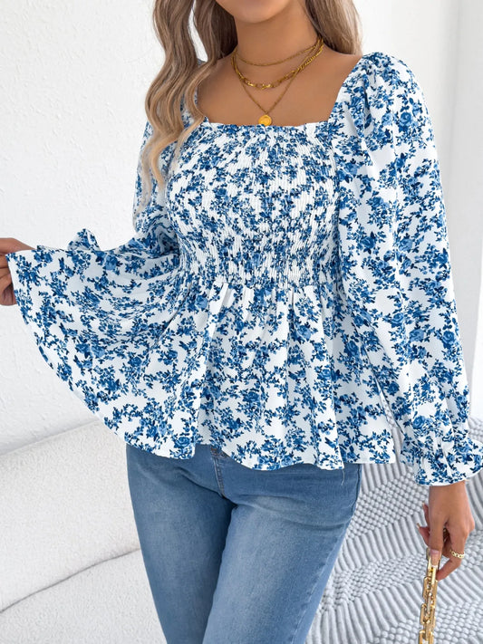 Floral Square Neck Flounce Sleeve Blouse - MARIGOLD 