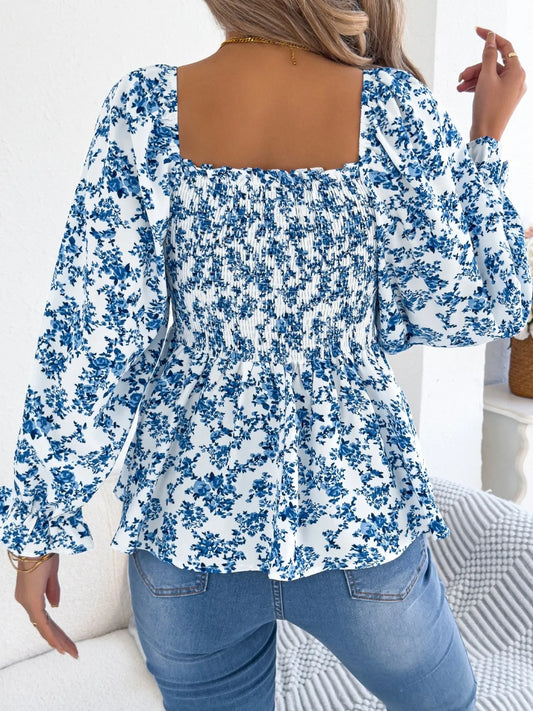 Floral Square Neck Flounce Sleeve Blouse - MARIGOLD 