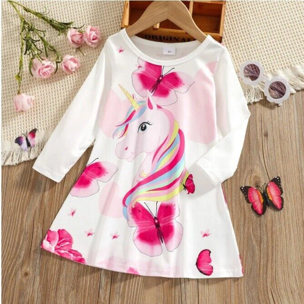 girls dress pink unicorn & butterfly long sleeve dress size 18-24m / 3-4 years
