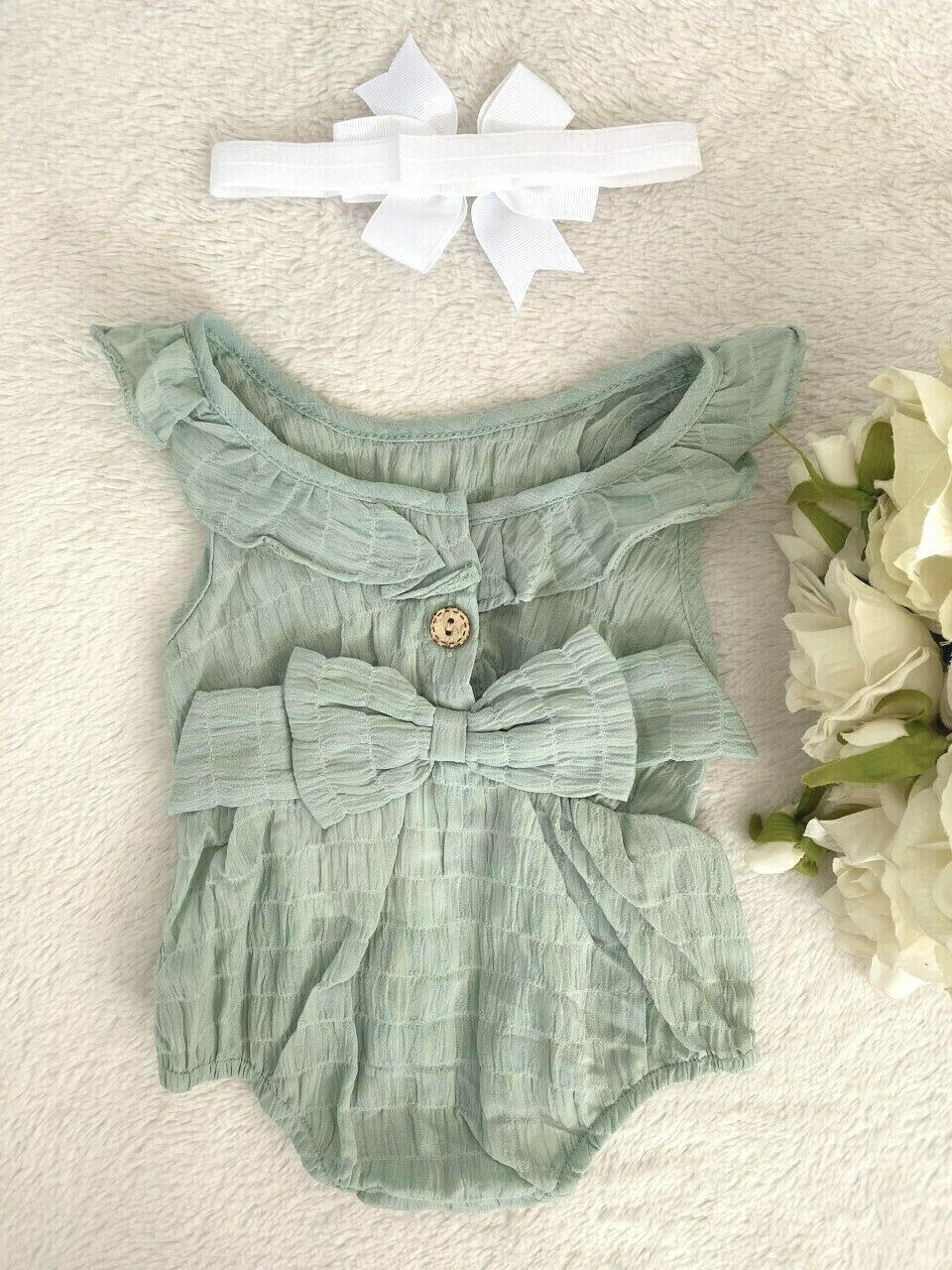 size 0-3m/3-6m new baby girl romper green ruffle romper & headband-Select Size.