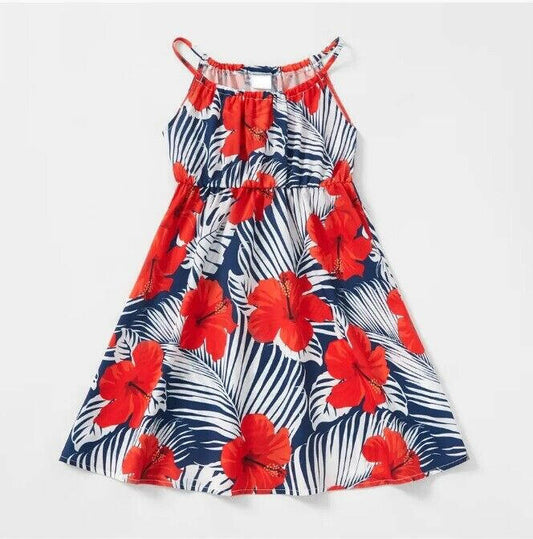 New Girls Dress - Red Hibiscus Flower White Palm Print Navy Dress