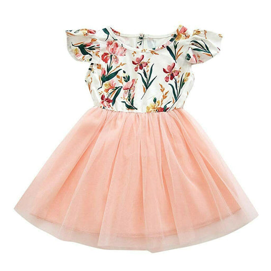 size 4-5 years new girls dress pretty floral flutter sleeve pink tulle dress