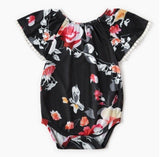 NEW Size 9-12 months Baby Girls Bodysuit Black Floral Flutter Sleeve Romper