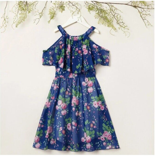 size 6/7/8/9 years new girls dress navy blue pink floral cold shoulder dress