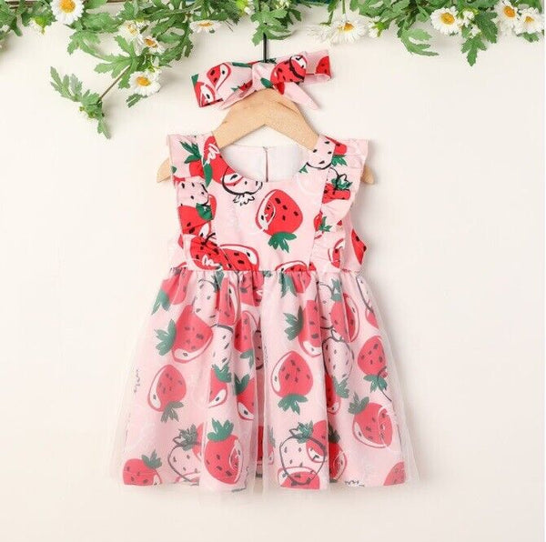 Size 3-6m to 9-12 months new baby girls pink red strawberry dress & headband