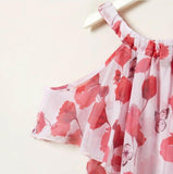 Girls Dress - Pink Red Floral Butterfly Print Cold Shoulder Dress