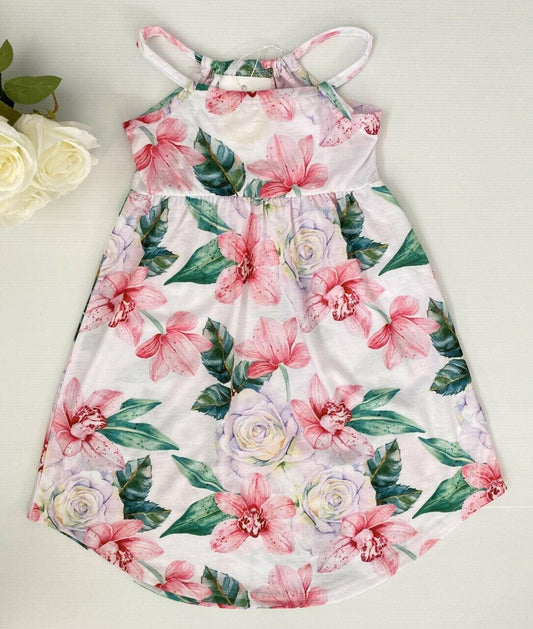 Girls Dress: Lily and Rose Print White Curve Hem Girls Dress