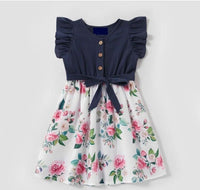 size 2/3/4/6/8 years girls dress navy blue flutter sleeve floral cotton dress