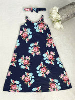 girls dress size new 4-5 years dark blue floral girls dress & bow headband set