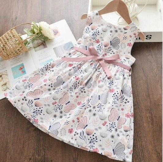 Girls Dress New Pink Grey Butterfly Floral Girls Dress 100% Cotton Girls Dress