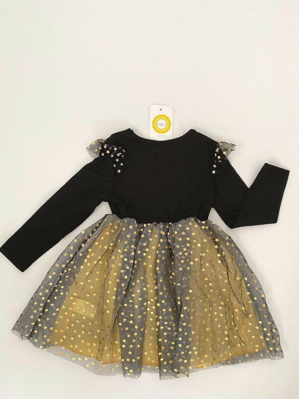 Ebony Black Gold Star Sprinkles Tulle Dress - Size 5-6 Years