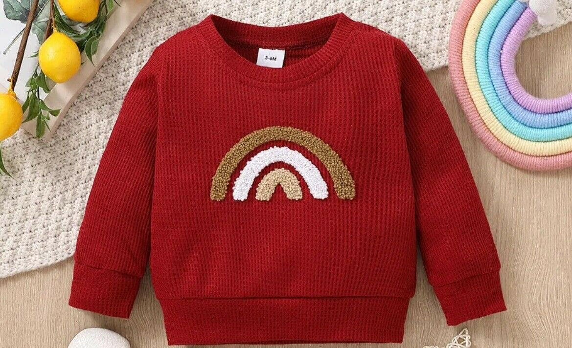 Baby boys' burgundy waffle knit rainbow long-sleeve top