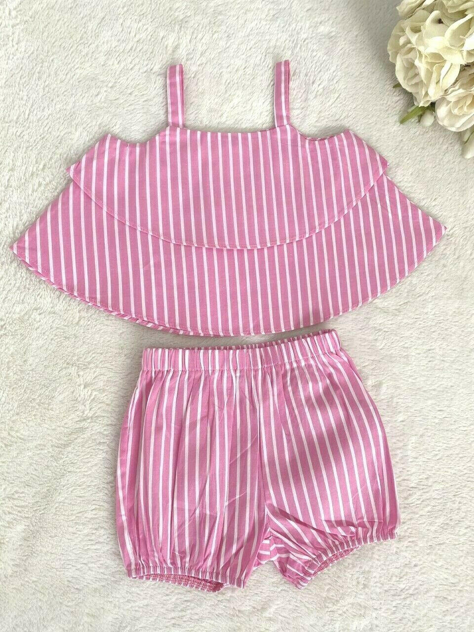 size 3-6 months baby girls outfit pink stripe ruffle top and short 2 pc set.