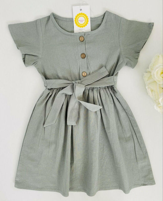 Natural green cotton belted button dress