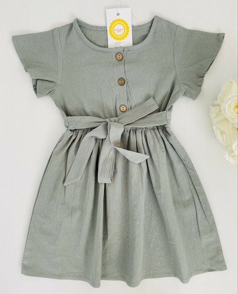 size 2y to 8-9 years new girls dress 100% cotton mint green belted button dress