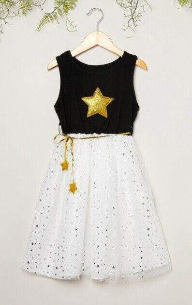 Size 4-5y to 8-9y New Girls Dress Gold Sparkle Star Black Tulle Girls Dress