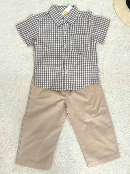 size 2 years new toddler boys outfit cocoa check shirt & beige pants set