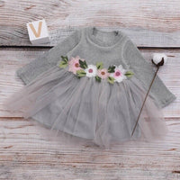 size 12-18 months new girls dress grey long sleeve flower waist tulle dress