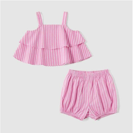 size 3-6 months baby girls outfit pink stripe ruffle top and short 2 pc set.