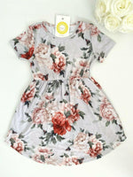 Girls Dress-Girls' Floral and Butterfly Print Light Grey Curve Hem Dress