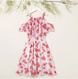 size 4/6/7/8/9 years girls dress pink red floral butterfly cold shoulder dress