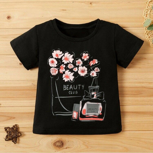 size 12-18 months new girls black t-shirt 'Beauty Club' perfume & flower tee.