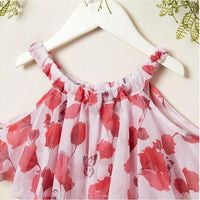 Girls Dress - Pink Red Floral Butterfly Print Cold Shoulder Dress