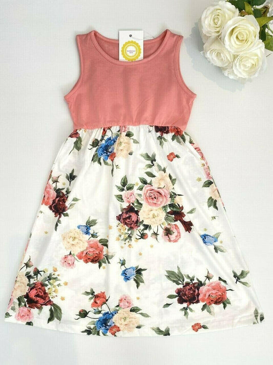 Girls dress new pink and white rose floral tank long girls dress