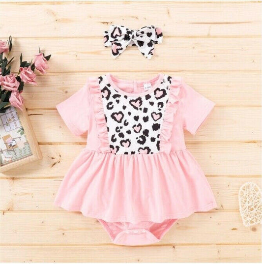 Size 0-3m to 9-12 months Baby Dress Pink Leopard Heart Print Dress & Headband