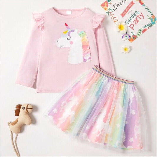 Unicorn girls outfit new pink rainbow unicorn top & tulle skirt set