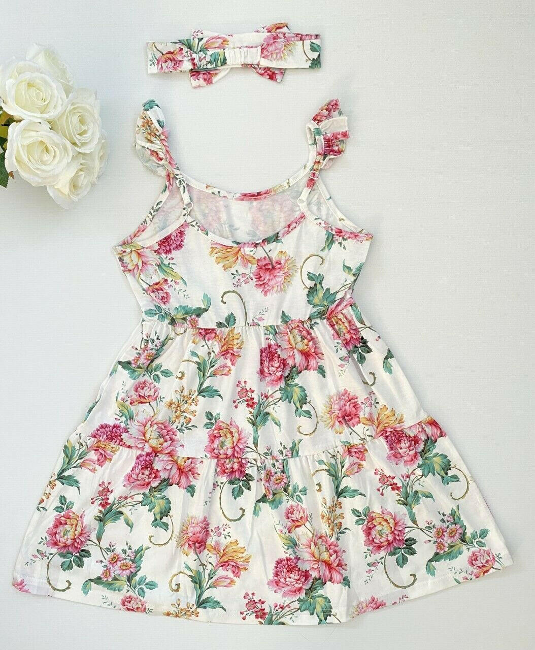 Girls dress new pink floral flutter sleeve dress & headband set