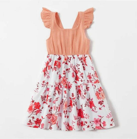 Girls Dress- Girls' Floral Print Coral Pink Pinafore Dress