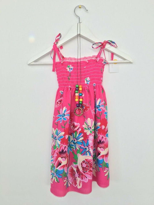 NEW Size 5-6 Years Girls Dress Fuschia Pink Floral Shirred Bodice Girls Dress