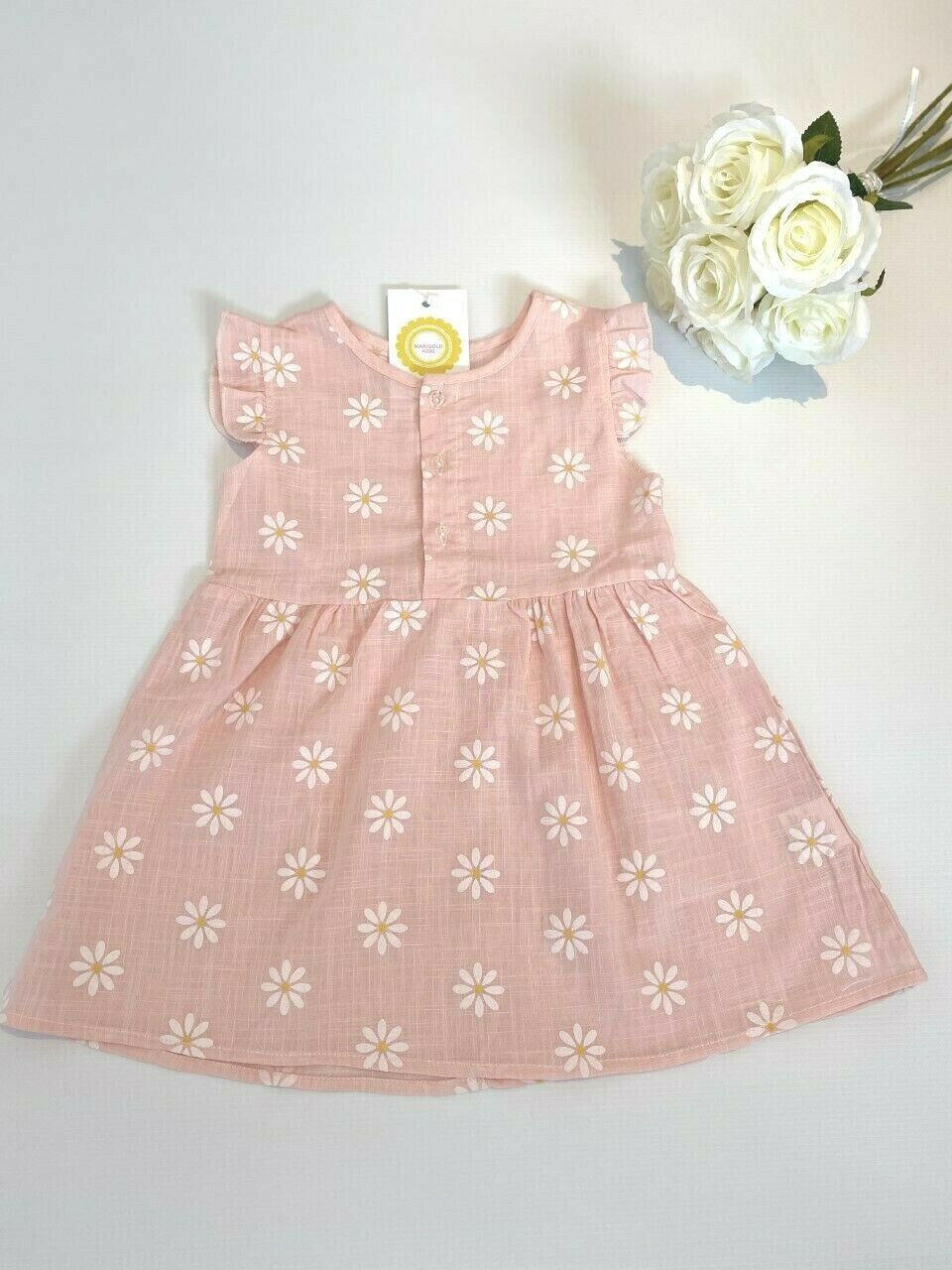 Baby Girls Dress Light Pink Daisy Flutter Sleeve Baby Girls Dress.