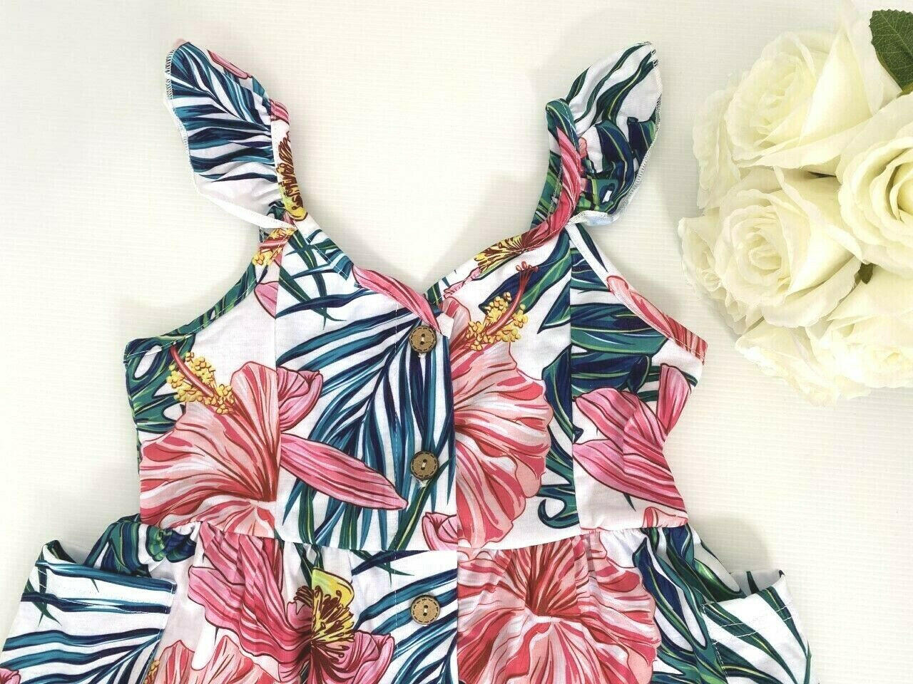 size 2y to 8-9 years new girls dress pink tropical flower & green palm dress