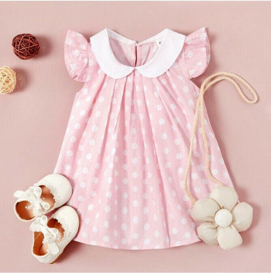 size 6-9m to 18-24m baby dress pink polka dot doll collar dress  - Select Size