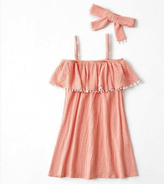 size 3-4 years girls dress coral pink flounce tassel pom pom girls dress