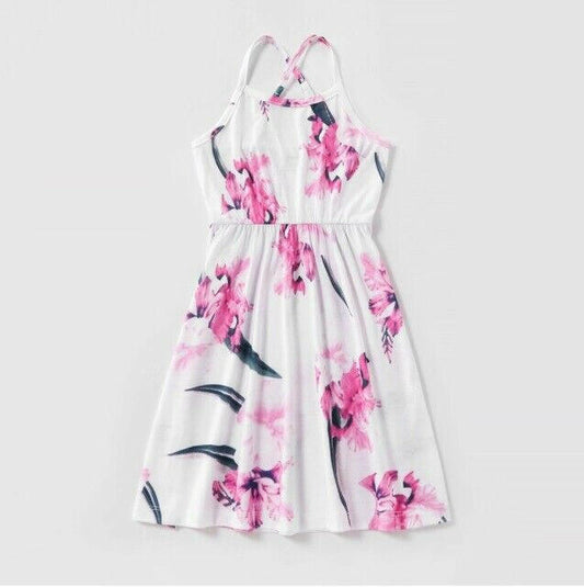 New Girls Dress - Pink Floral Print White Dress