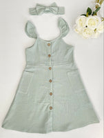 Girls Dress size 2/3/4/6/8 years green flutter sleeve button dress & headband