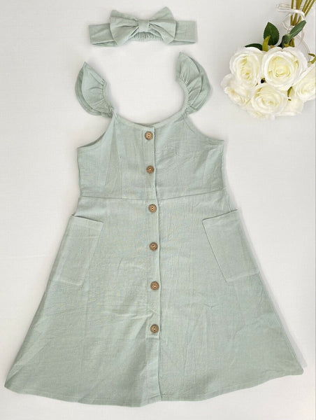 Girls Dress size 2/3/4/6/8 years green flutter sleeve button dress & headband