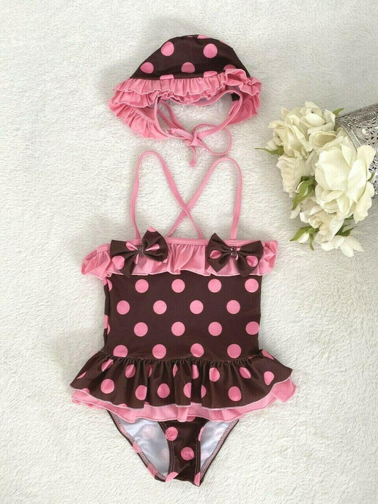 Girls Swimwear Pink Polkadot Cocoa Bathers & Cap Set